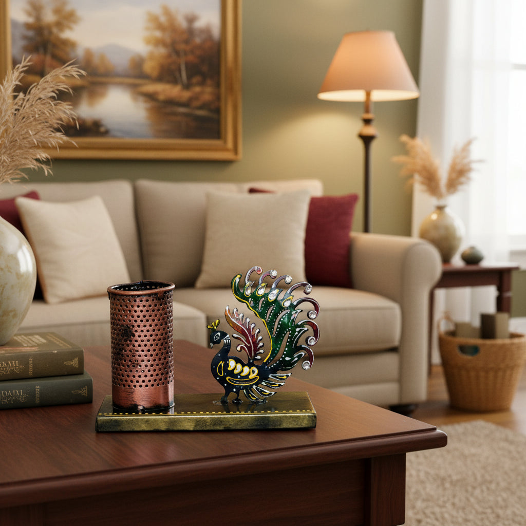 Handcrafted Peacock Pen Holder I-214-B