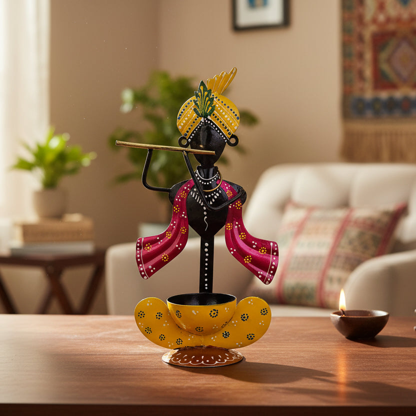 Handcrafted Metal Krishna Tealight Holder with Flute I-231-B