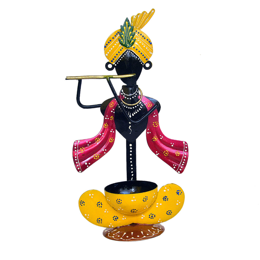 Handcrafted Metal Krishna Tealight Holder with Flute I-231-B