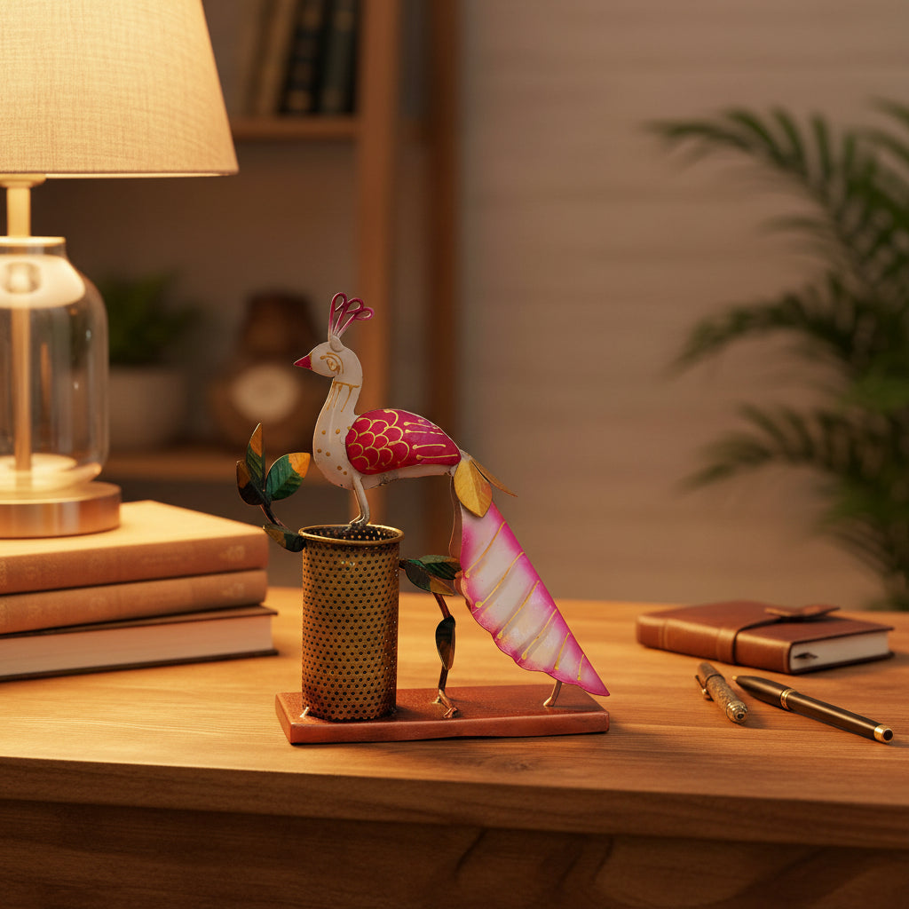Handcrafted Metal Peacock Pen Holder  Desk Organizer I-240-A