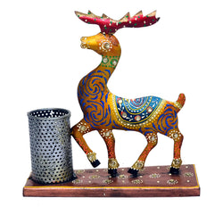 Handcrafted Metal Deer Pen Holder with Traditional Indian Art I-242-A