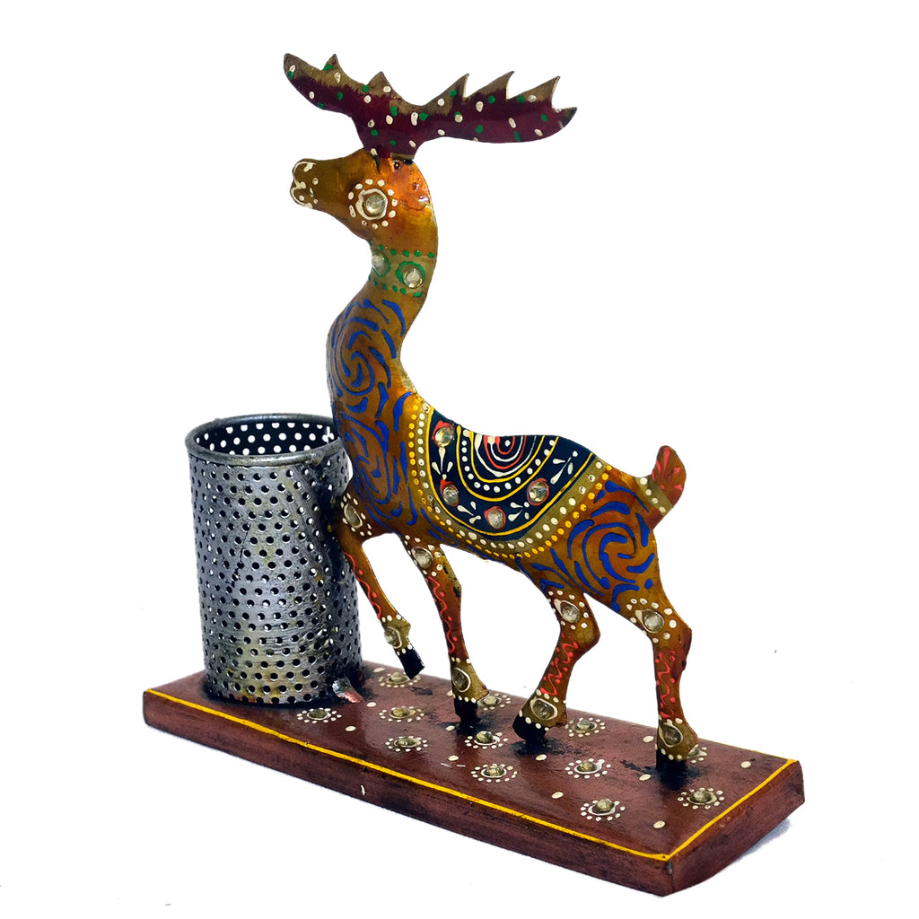 Handcrafted Metal Deer Pen Holder with Traditional Indian Art I-242-A