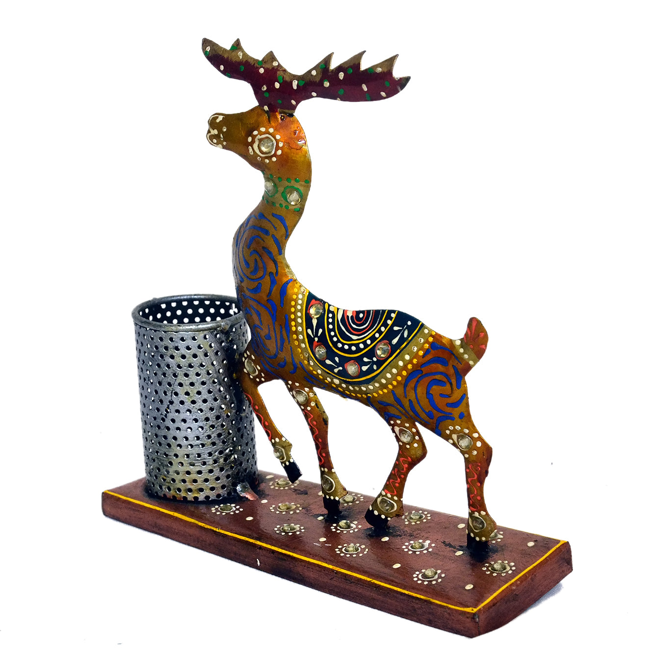 Handcrafted Metal Deer Pen Holder with Traditional Indian Art I-242-A