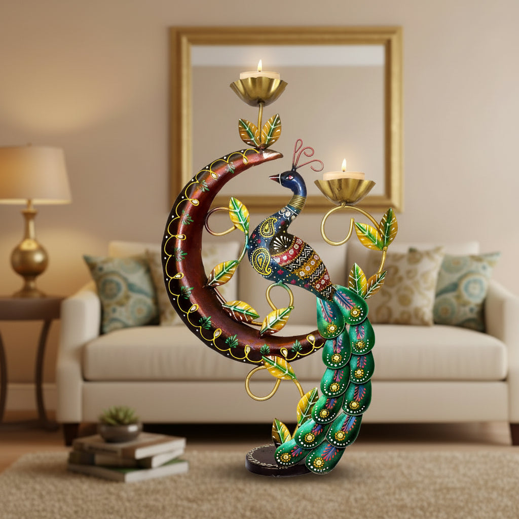 Handcrafted Metal Peacock Tealight Holder with Hand-Painted Detailing I-254-A