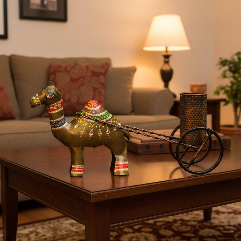 Handcrafted Metal Camel Cart Pen Holder I-259-A