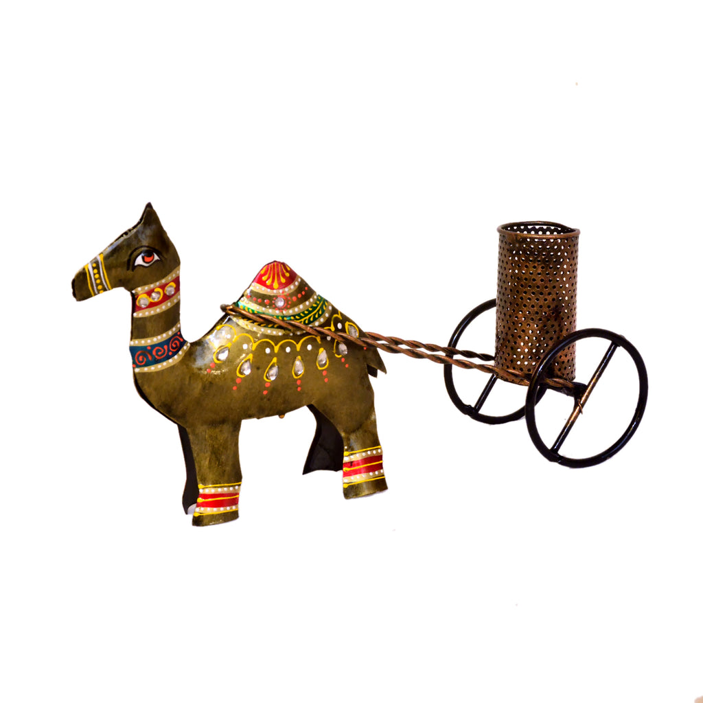 Handcrafted Metal Camel Cart Pen Holder I-259-A