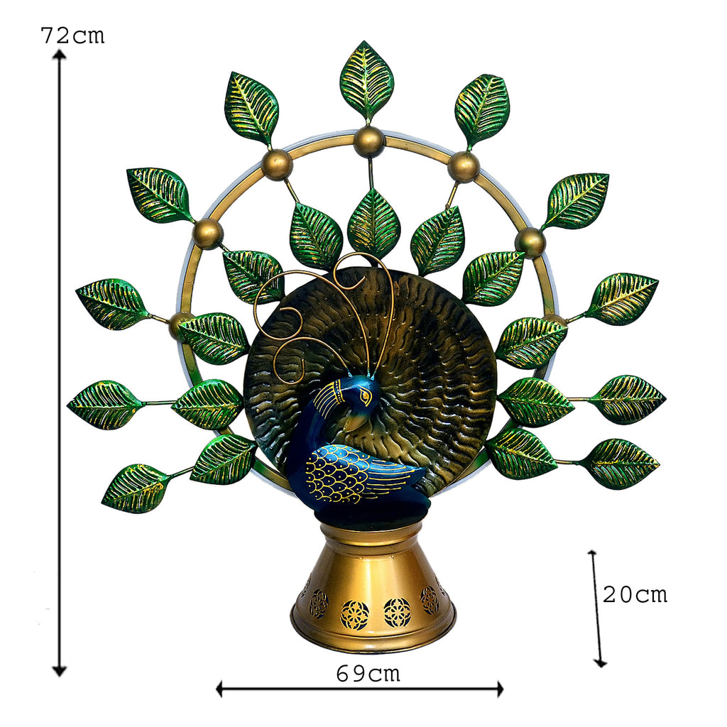Handcrafted Metal Peacock Teble Decor with Golden Leaves I-261-A