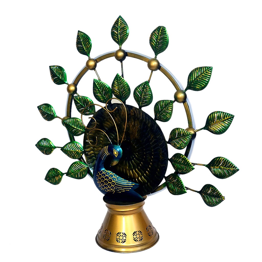 Handcrafted Metal Peacock Teble Decor with Golden Leaves I-261-A