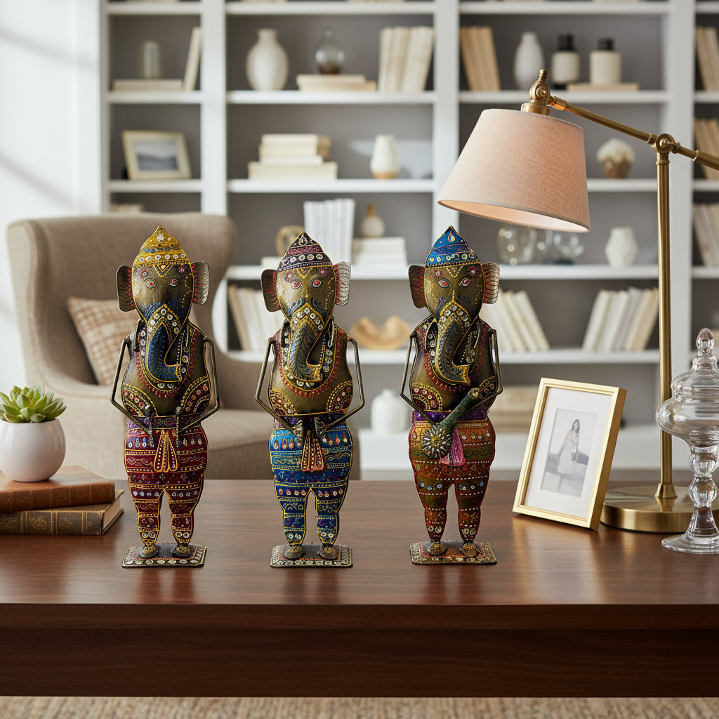 Handcrafted Metal Ganesha Figurine Set of 3, I-267-A
