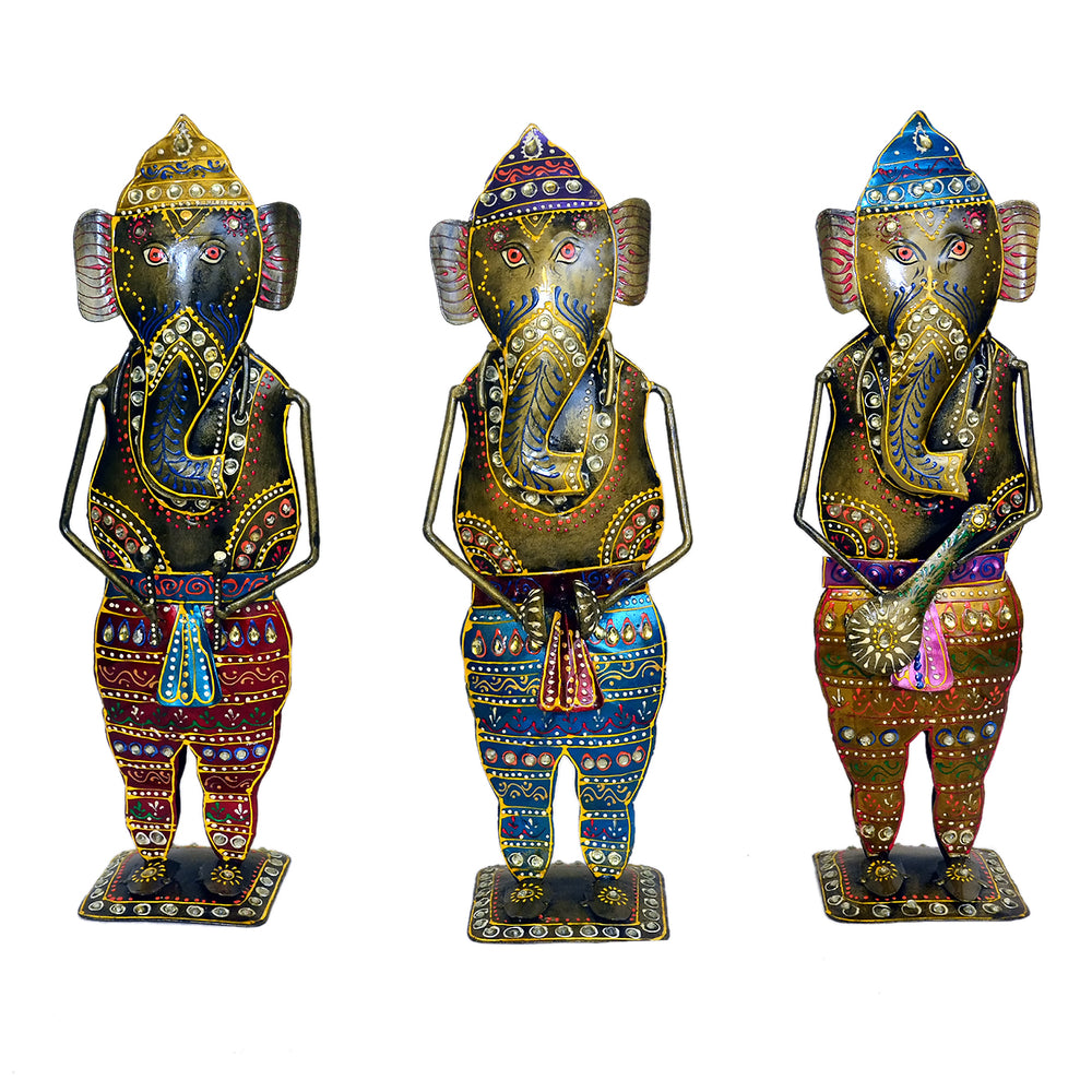 Handcrafted Metal Ganesha Figurine Set of 3, I-267-A