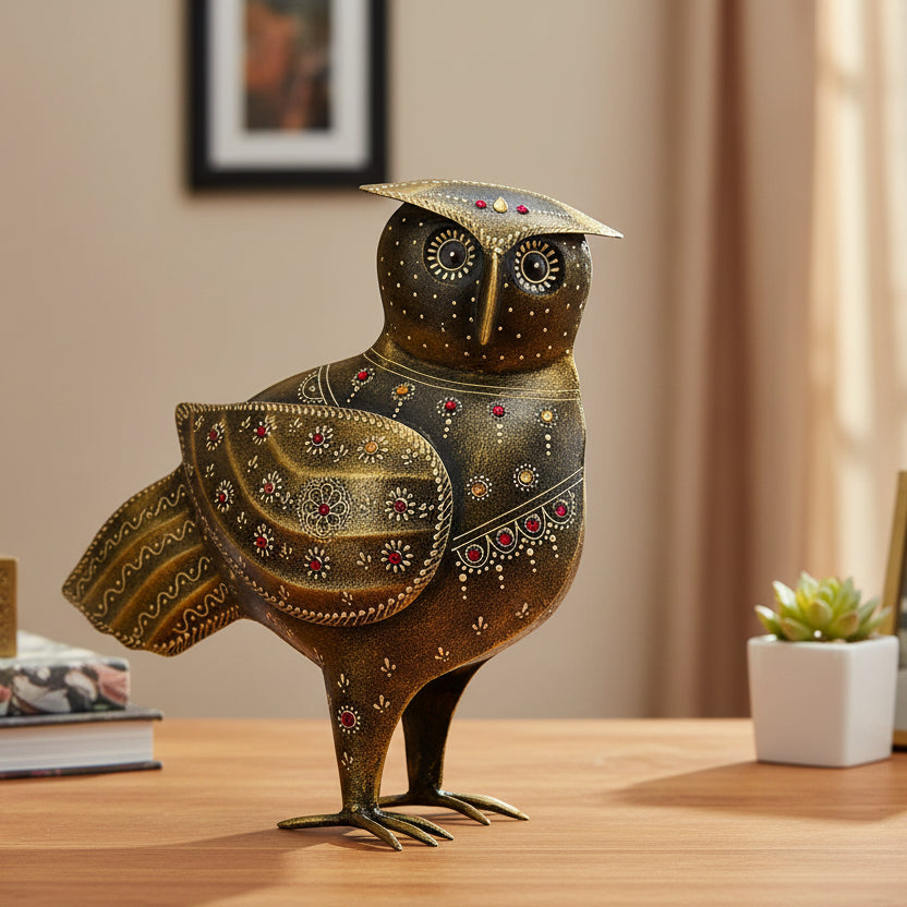 Handcrafted Metal Owl Figurine with Antique Gold Finish I-268-A