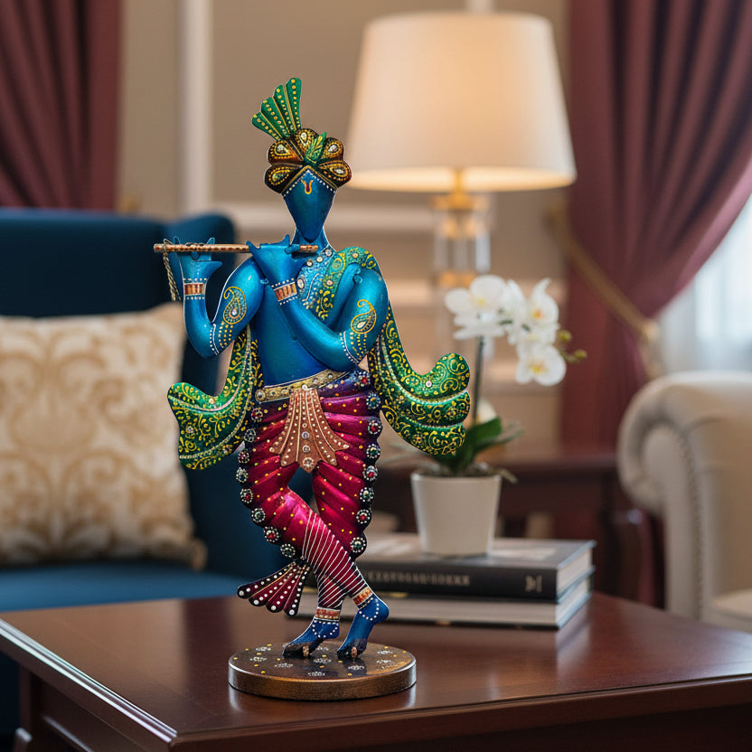 Handcrafted Metal Krishna Figurine with Flute I-269-A