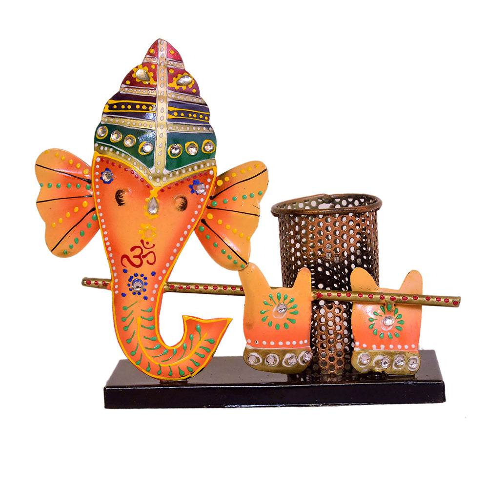 Handcrafted Metal Ganesha Pen Holder Decorative Piece I-271-A