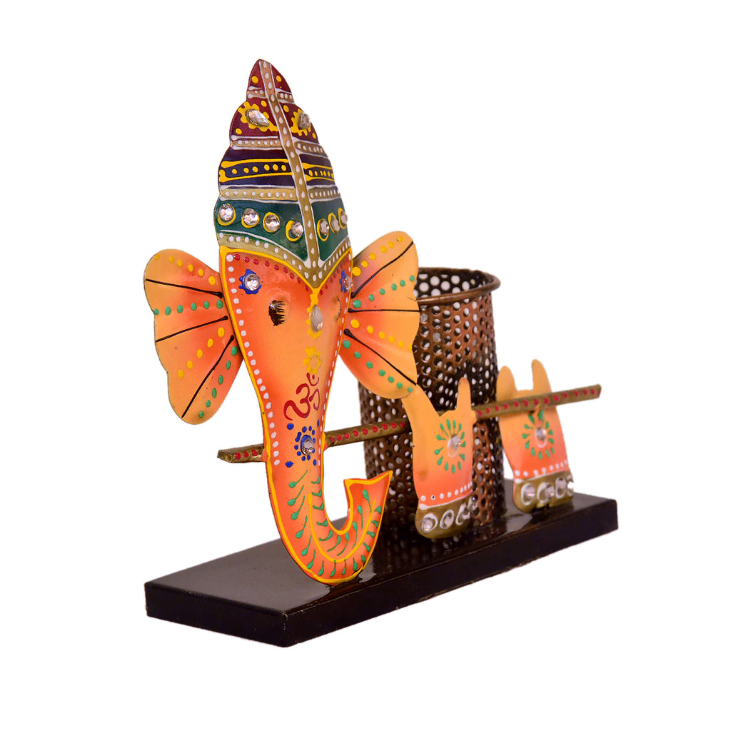 Handcrafted Metal Ganesha Pen Holder Decorative Piece I-271-A