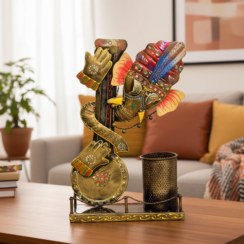 Handcrafted Metal Ganesha Pen Holder with Hand I-282-A