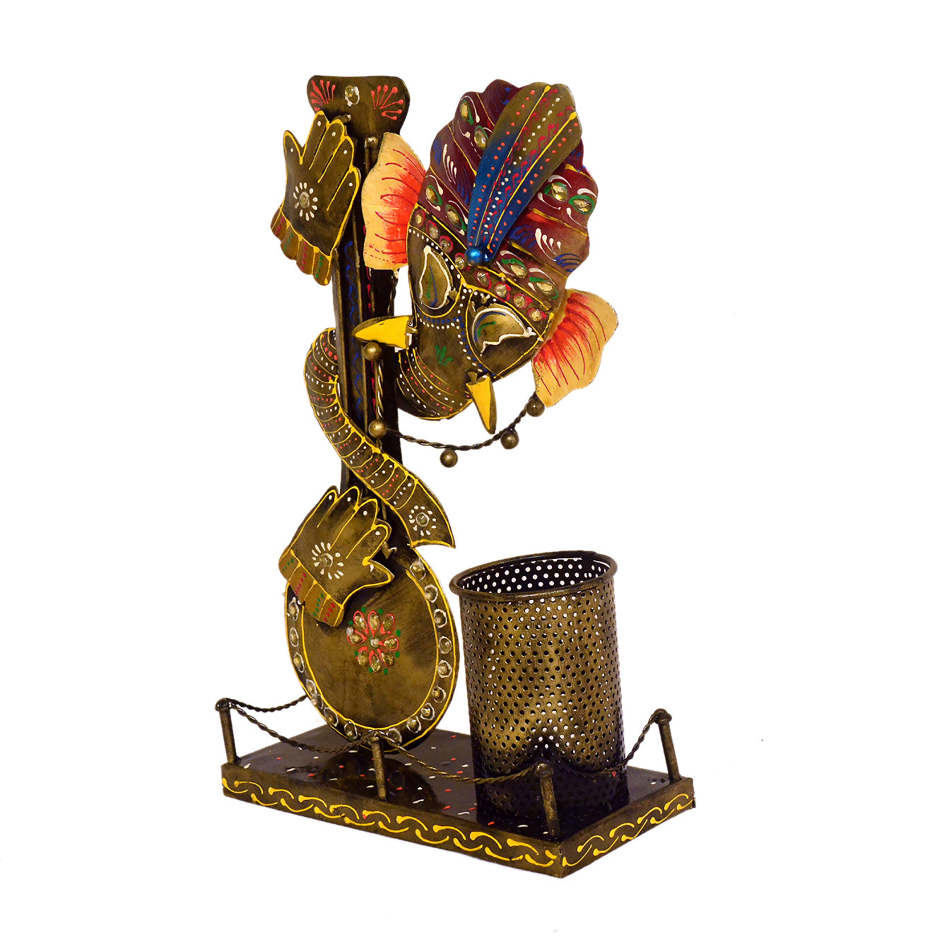 Handcrafted Metal Ganesha Pen Holder with Hand I-282-A