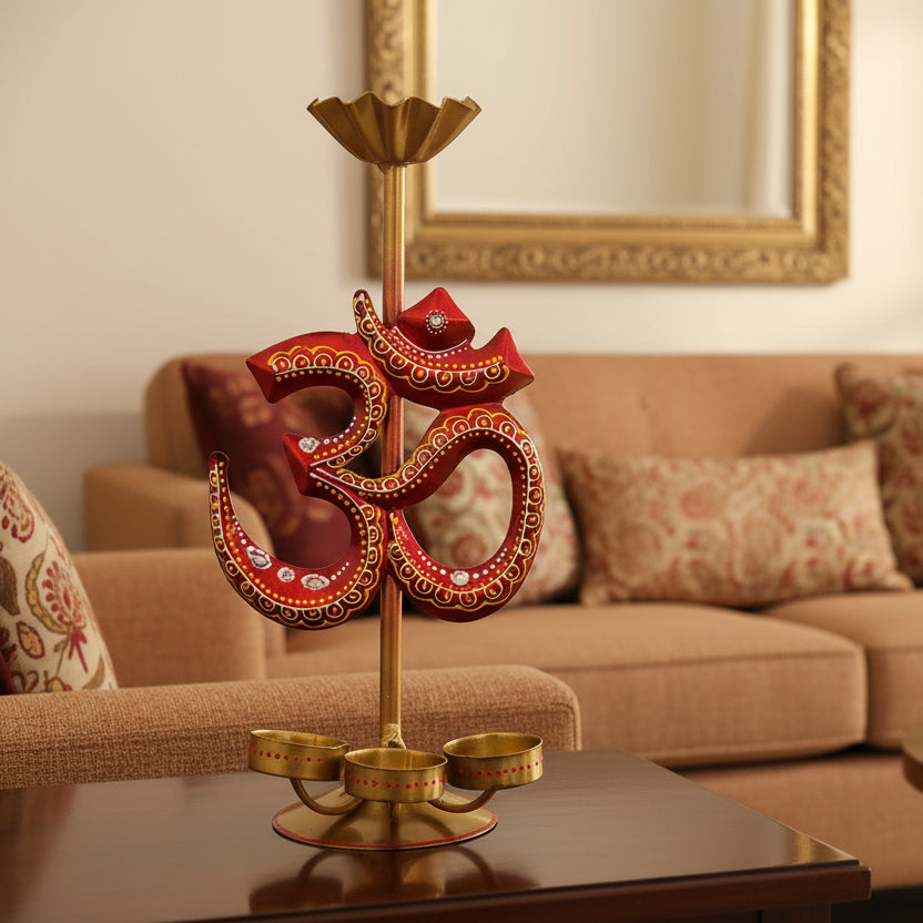 Handcrafted Metal Om Diya Stand with Lotus Top I-285-A