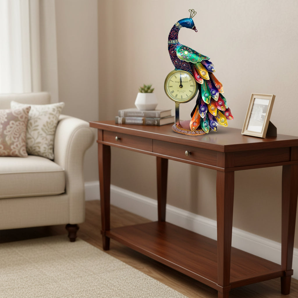 Handcrafted Metal Peacock Table Clock I-287-A