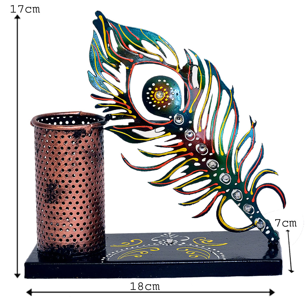 Handcrafted Metal Peacock Feather Pen Holder I-292-A