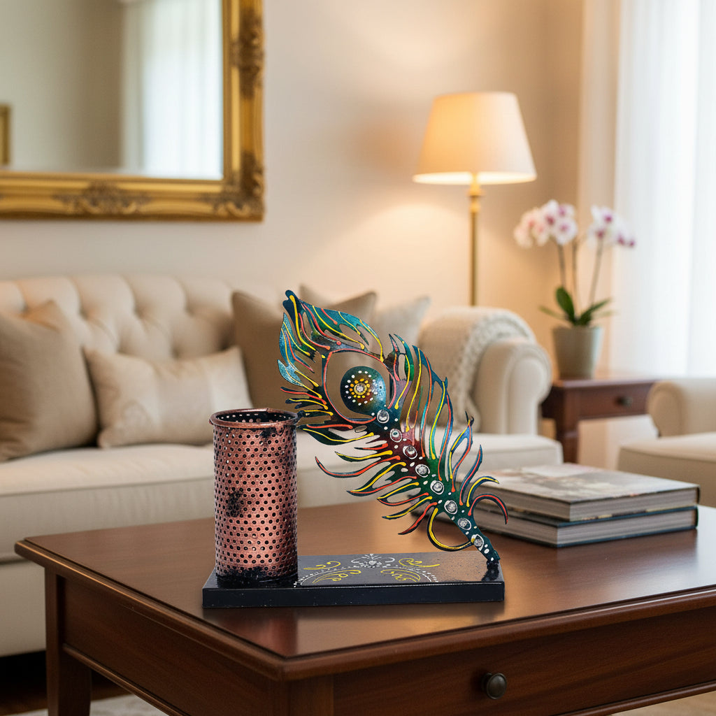 Handcrafted Metal Peacock Feather Pen Holder I-292-A