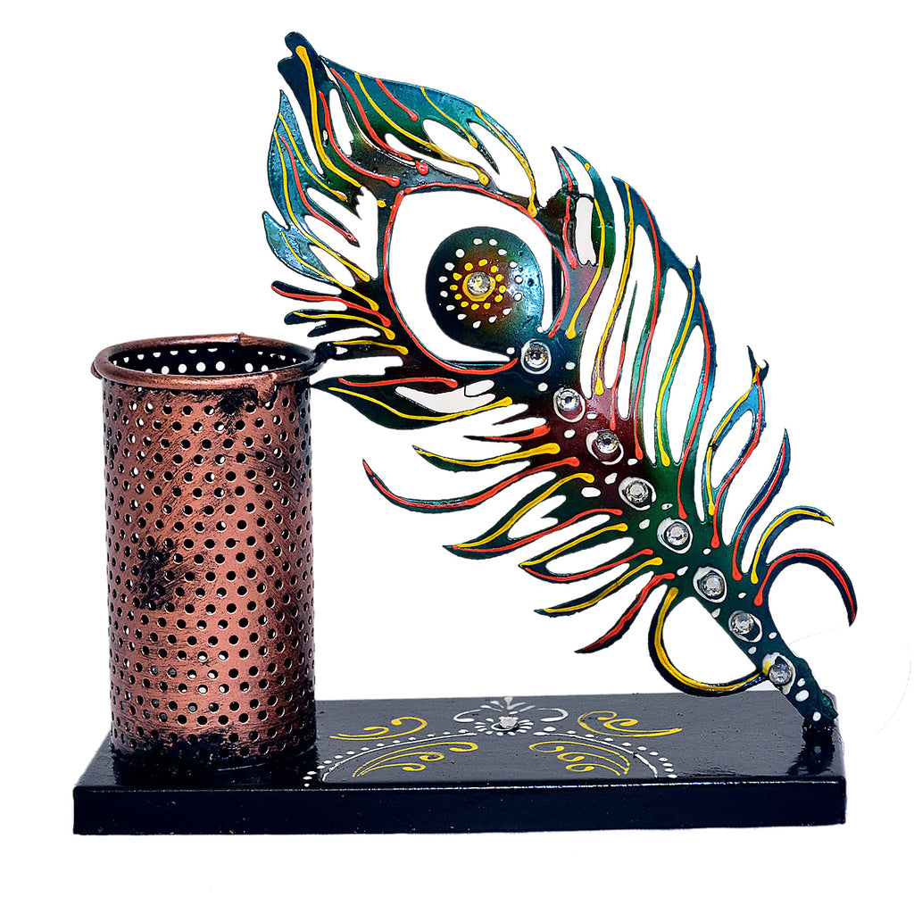 Handcrafted Metal Peacock Feather Pen Holder I-292-A