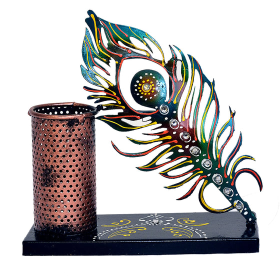Handcrafted Metal Peacock Feather Pen Holder I-292-A