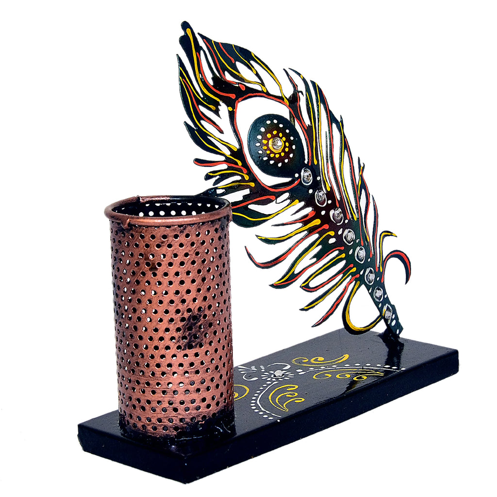 Handcrafted Metal Peacock Feather Pen Holder I-292-A