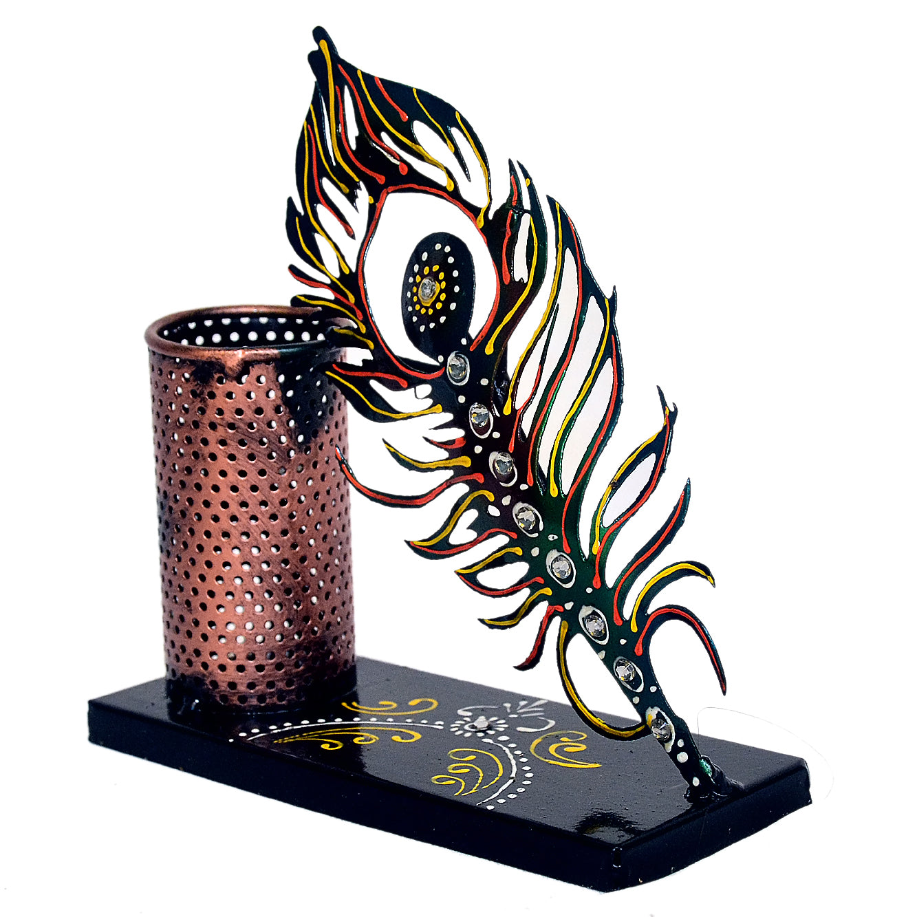 Handcrafted Metal Peacock Feather Pen Holder I-292-A