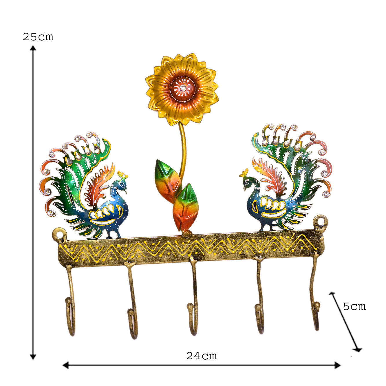 Handcrafted Peacock & Sunflower Wall Hook - Decorative Metal Key Holder I-295-A