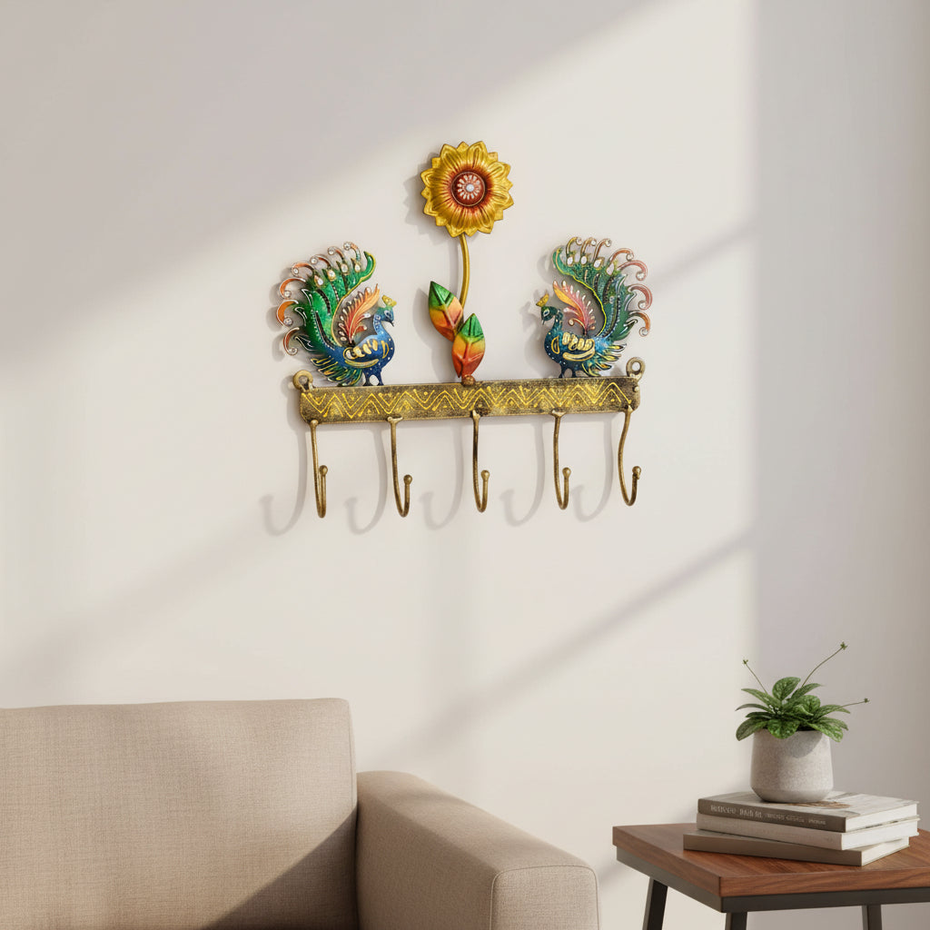 Handcrafted Peacock & Sunflower Wall Hook - Decorative Metal Key Holder I-295-A