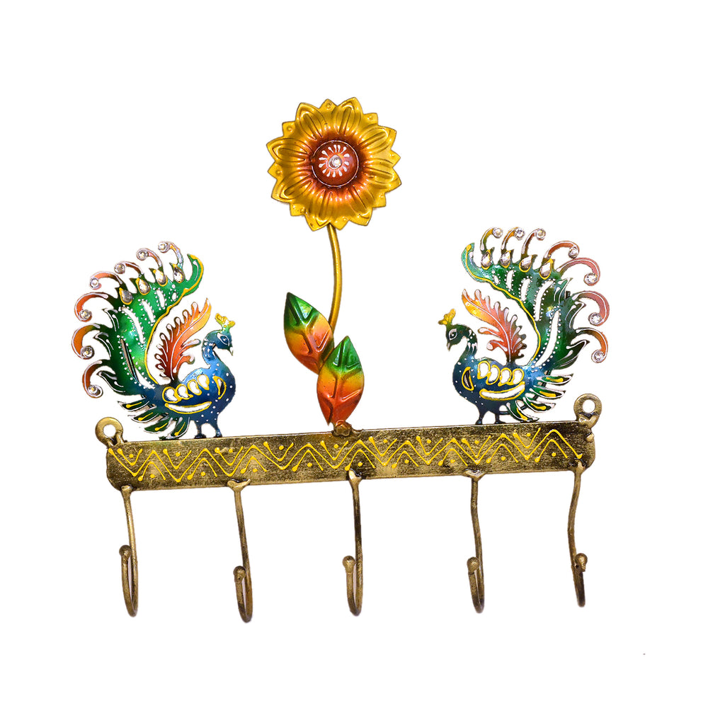 Handcrafted Peacock & Sunflower Wall Hook - Decorative Metal Key Holder I-295-A