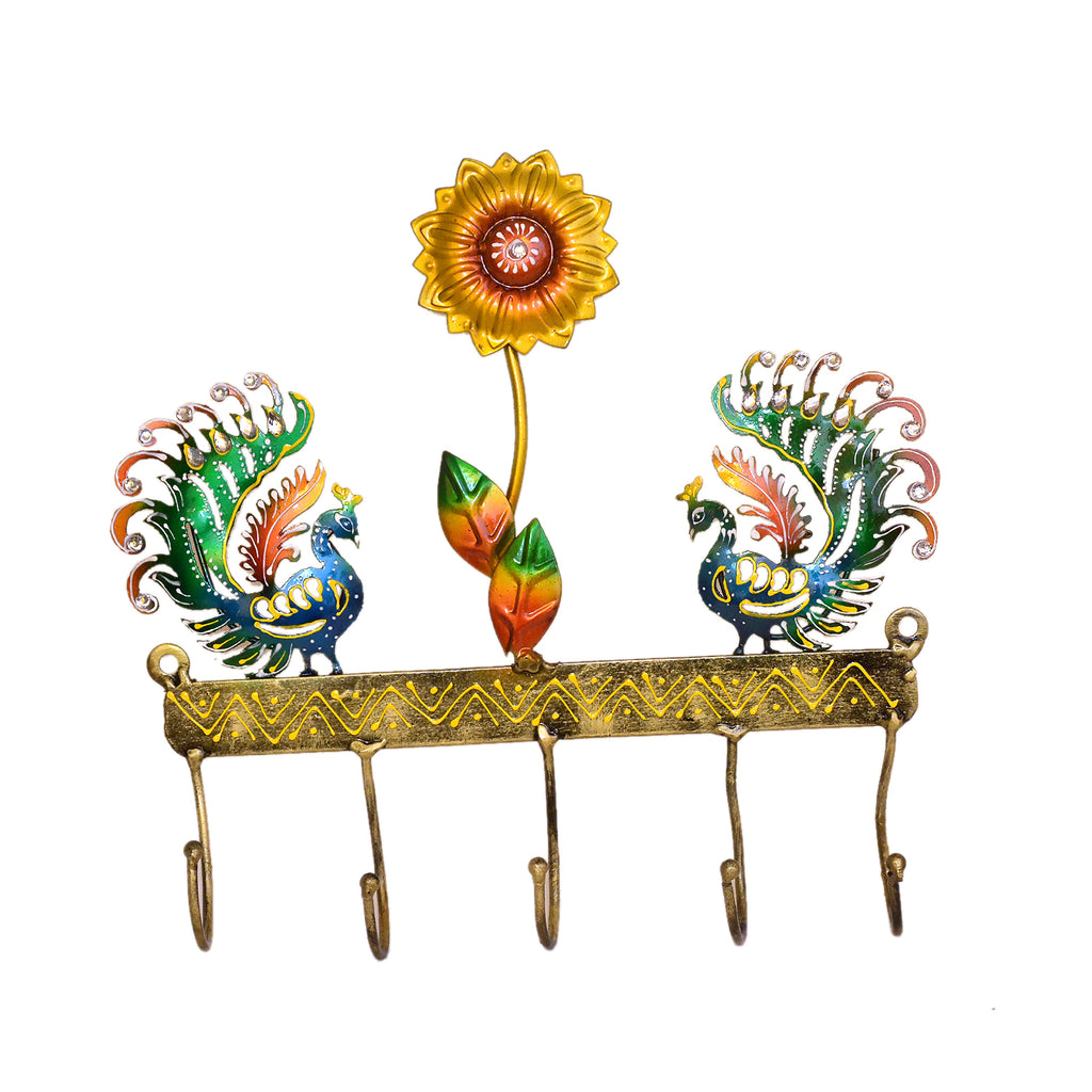 Handcrafted Peacock & Sunflower Wall Hook - Decorative Metal Key Holder I-295-A