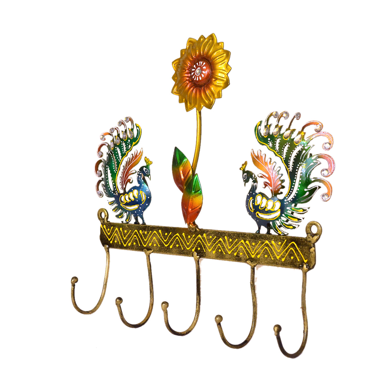 Handcrafted Peacock & Sunflower Wall Hook - Decorative Metal Key Holder I-295-A