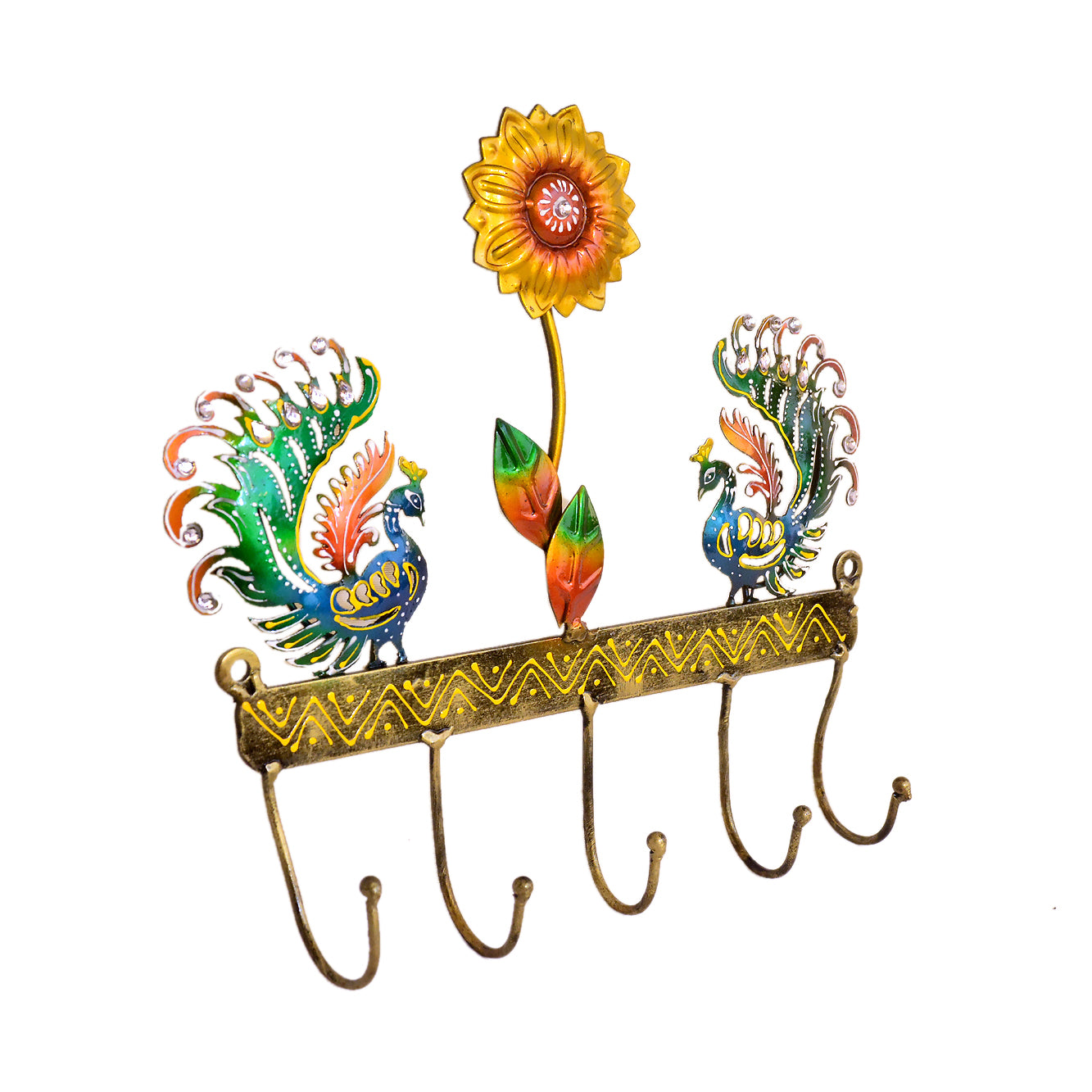 Handcrafted Peacock & Sunflower Wall Hook - Decorative Metal Key Holder I-295-A
