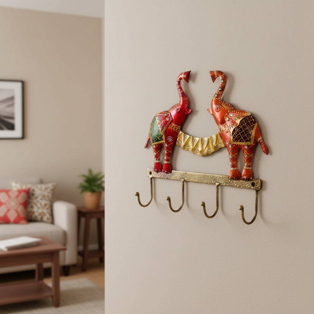 Twin Elephant Key Holder with Metal Hooks I-296-A