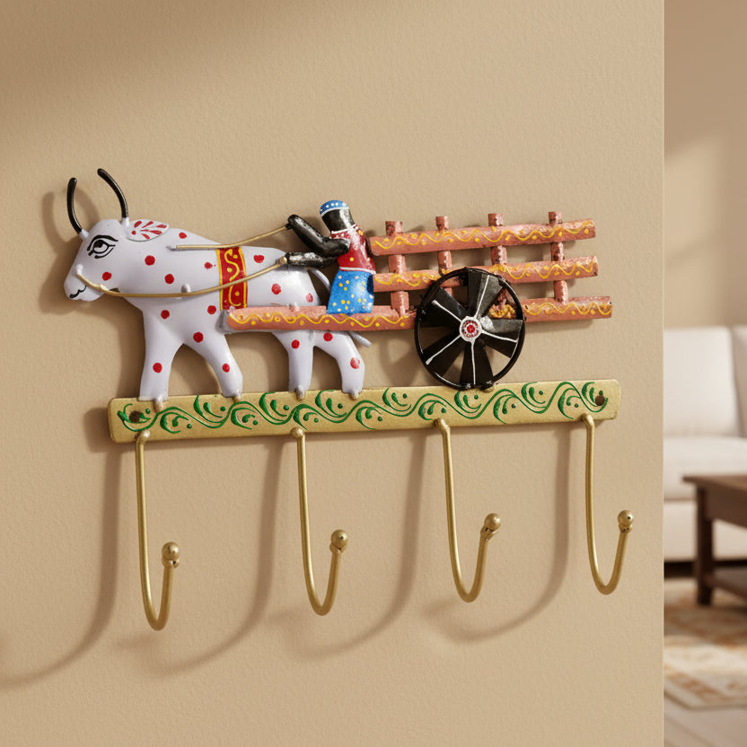 Handcrafted Bullock Cart Key Holder with Hooks I-302-A