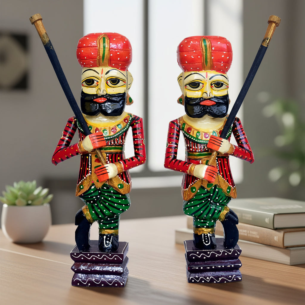 Handcrafted Wooden Rajasthani Warrior Figurines - Set of 2 WD-193-A