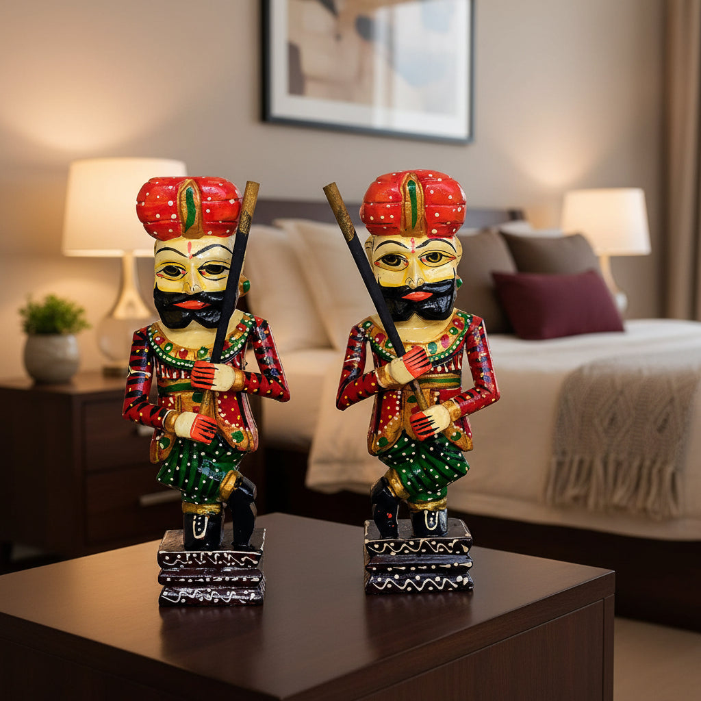 Handcrafted Wooden Rajasthani Warrior Figurines - Set of 2 WD-193-C