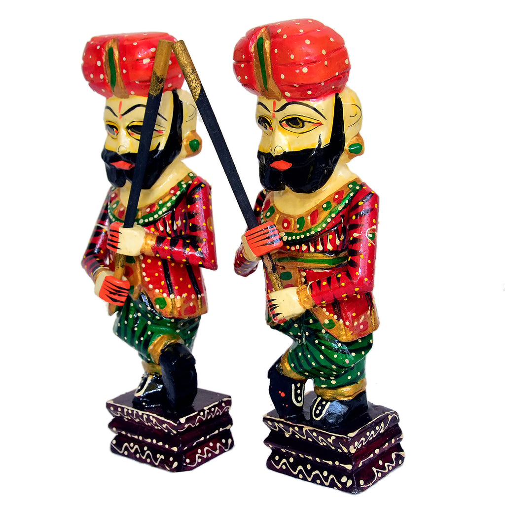 Handcrafted Wooden Rajasthani Warrior Figurines - Set of 2 WD-193-C