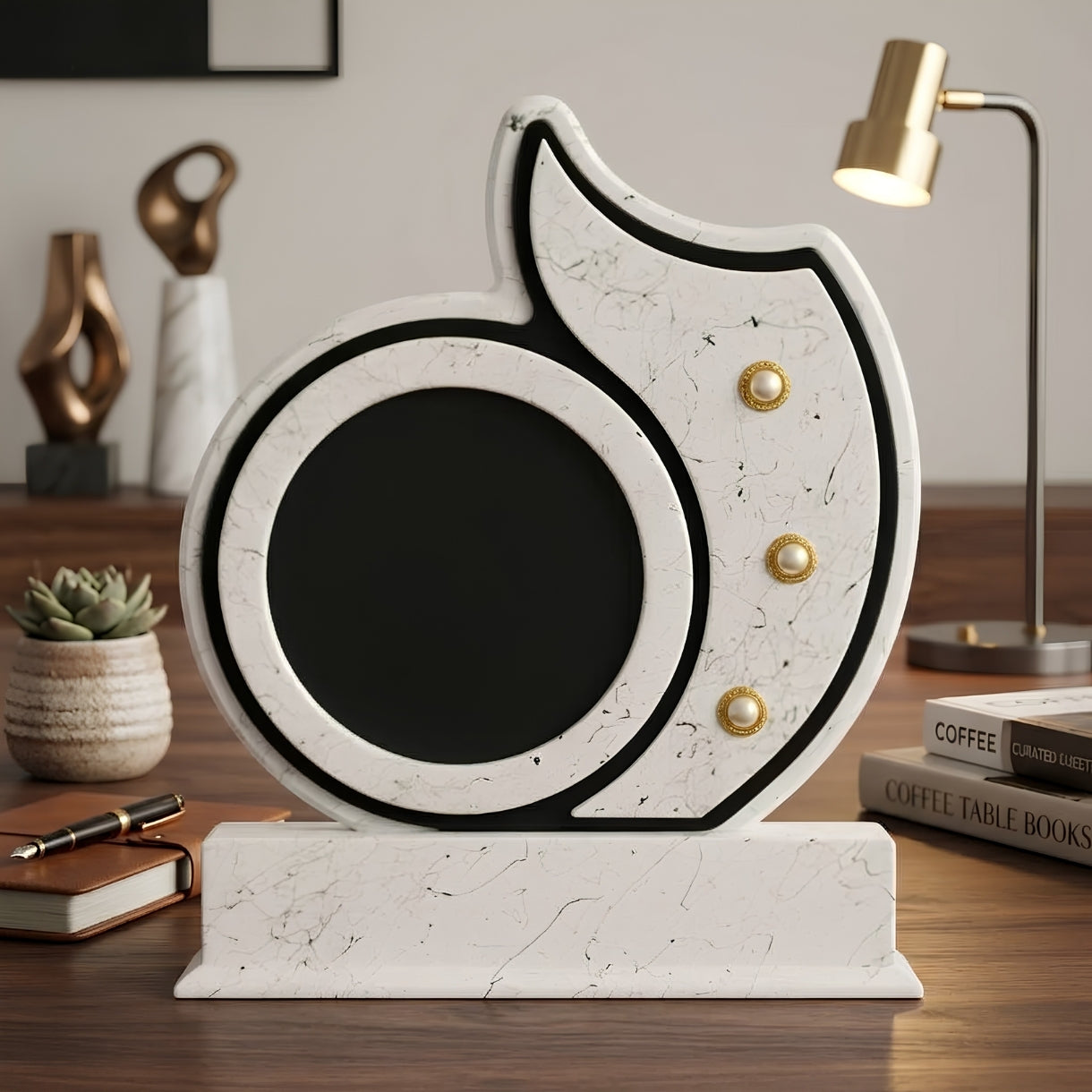 Elegant White Marble-Texture Curved Trophy with Black Circular Plaque M-565