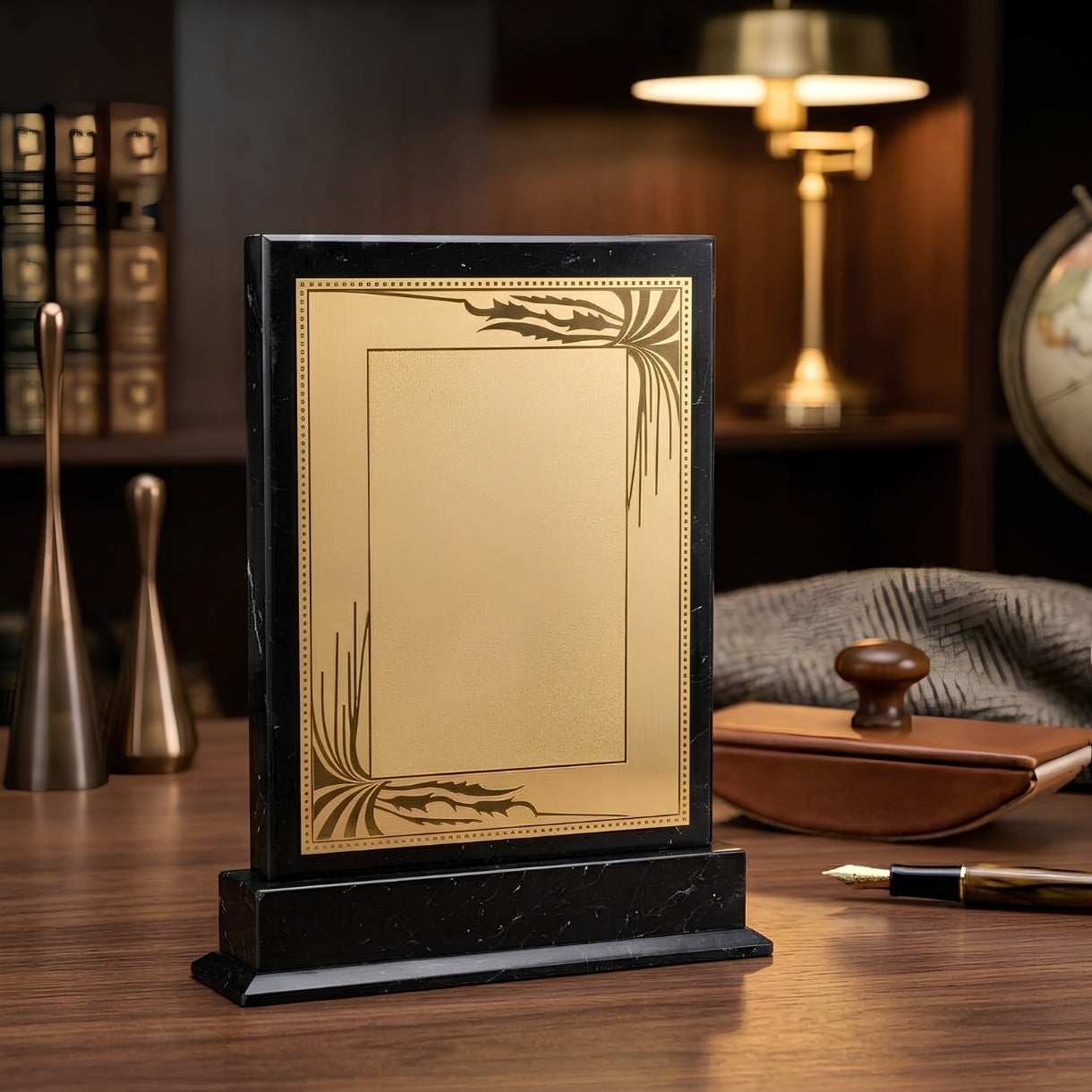 Premium Black Marble-Texture Rectangular Memento with Gold Artistic Border M-322