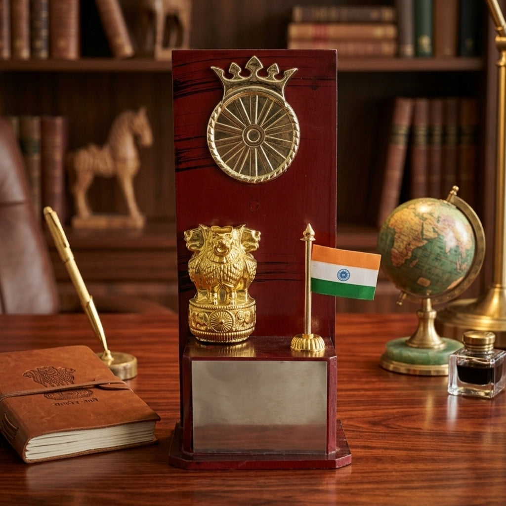 Premium Wooden Patriotic Memento Award | Golden Ashok Stambha & Indian Flag Table Memento M-480-A