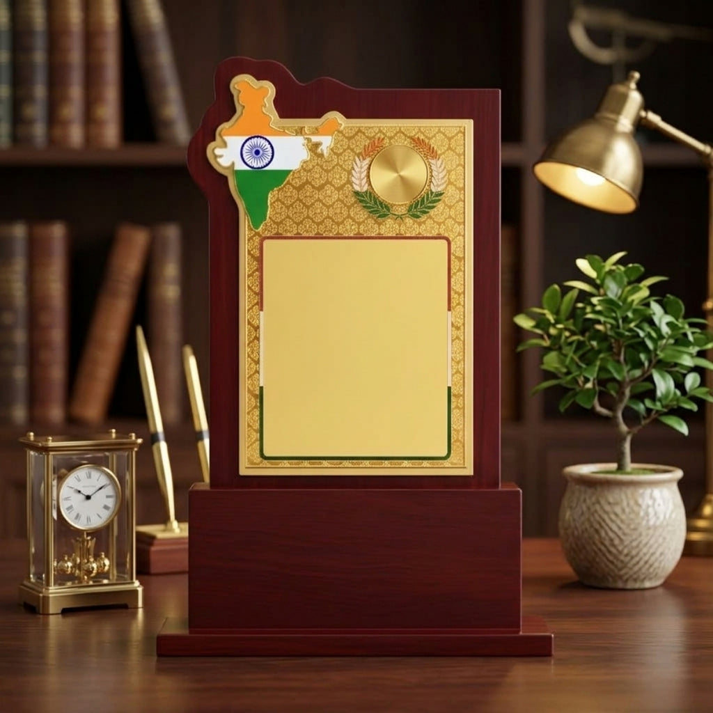 Premium Wooden India Map Memento | Golden Patriotic Award & Recognition Memento M-633