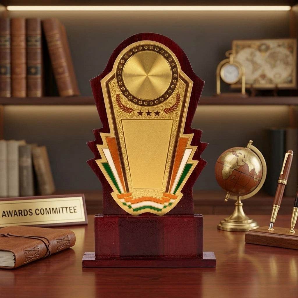 Premium Wooden Tricolor Memento Award | Elegant Golden Memento with Indian Flag Accents M-243