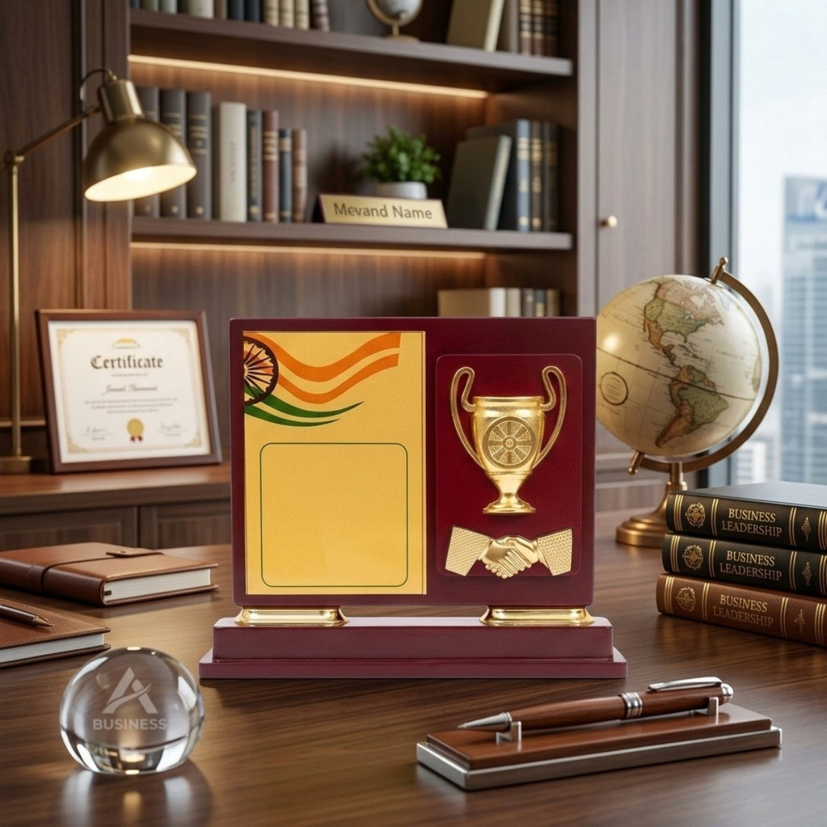 Premium Wooden Memento Trophy with Indian Tricolor Design & Golden Accents M-260-A