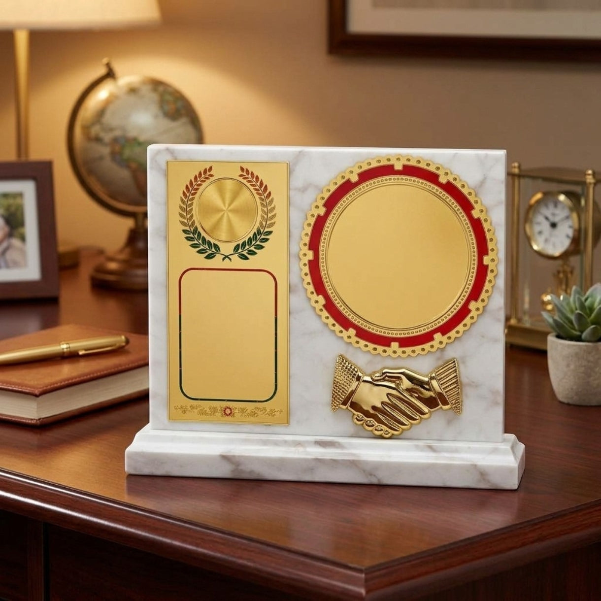 Executive White Marble Finish Wooden Partnership & Excellence Memento M-255-A