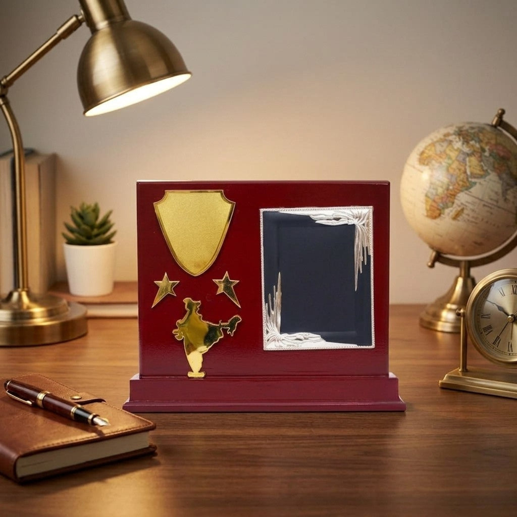 Patriotic India Map & Dual-Tone Acrylic Frame Mahogany Wooden Memento M-341-A
