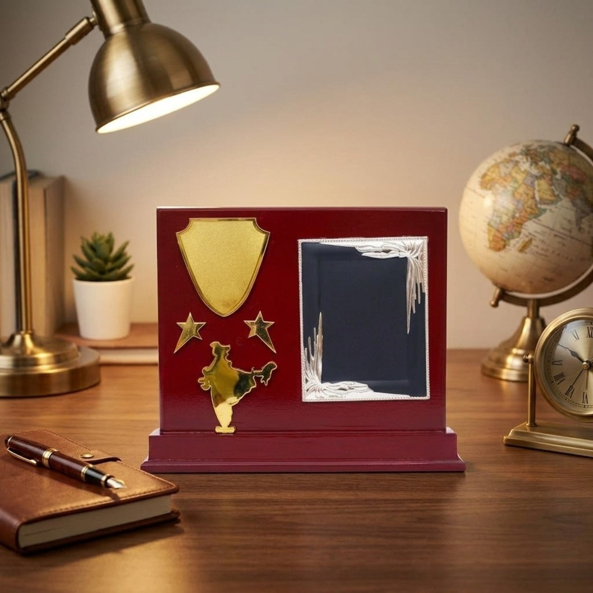 Patriotic India Map & Dual-Tone Acrylic Frame Mahogany Wooden Memento M-341-A