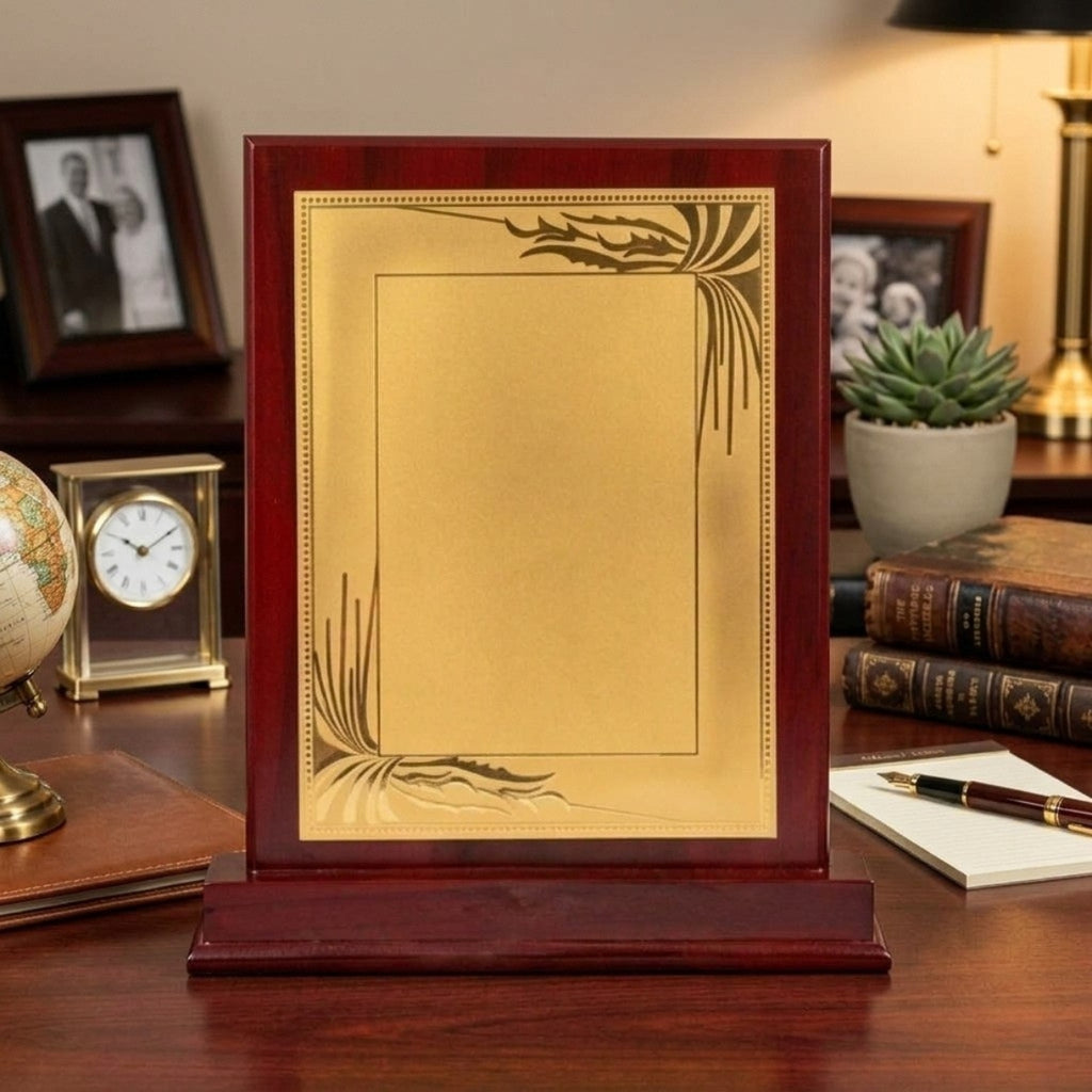 Classic Botanical Filigree Gold Plaque Mahogany Wooden Memento M-629-A