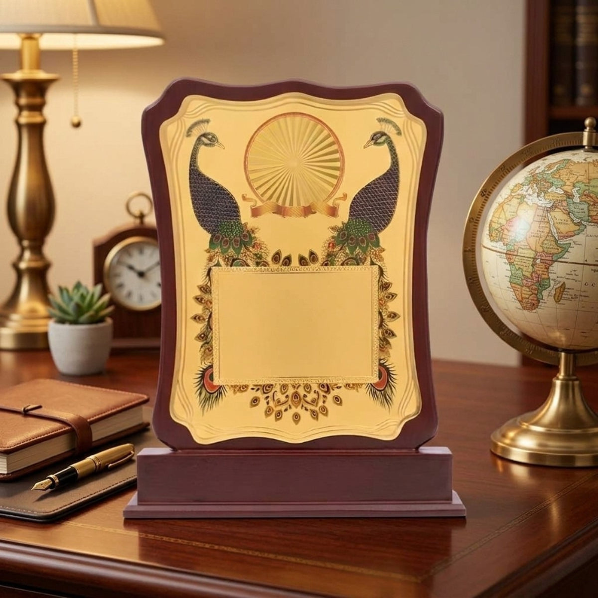Royal Twin Peacock Traditional Gold Plaque Mahogany Wooden Memento M-353-A
